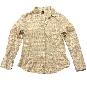 VTG GAP Geometric V-Neck Button Down Shirt Yellow L Y2K Grandmacore Granola Girl